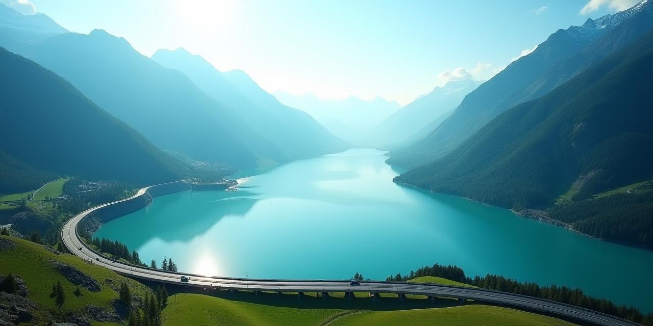 Aerial view of Swiss motorway over turquoise alpine lake
